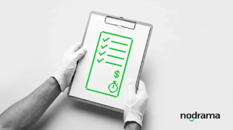 Gloved hands holding a clipboard with a green checklist, a dollar sign and a stopwatch